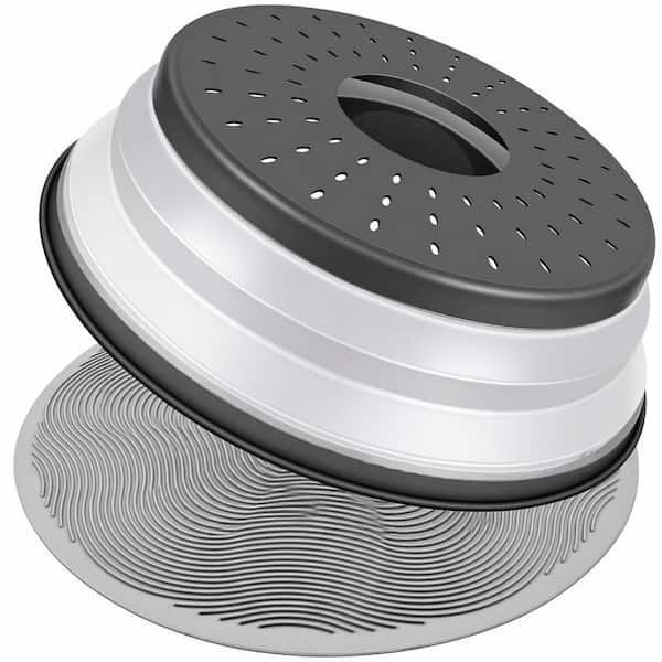 Microwave Safe PP Plastic Food Cover and Collapsible Silicone Mat Set with Splatter Guard Colander and Trivet Functions
