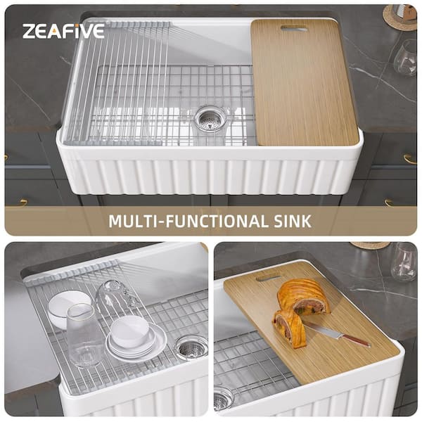 Zeafive 30 in. Fireclay Workstation Kitchen Sink Farmhouse