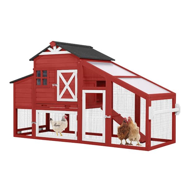 Wooden Chicken Coop with Wheels 17. 1sq. ft for 2-3 Chickens, Outdoor Red Chicken House