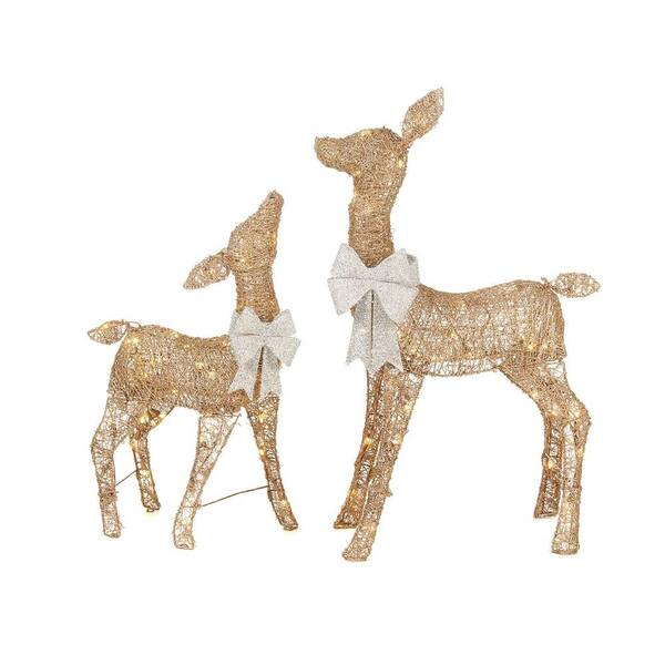 Home Accents Holiday Misty Glimmer 36 in. LED Lighted Gold PVC Deer and 28 in. LED Lighted Gold PVC Doe