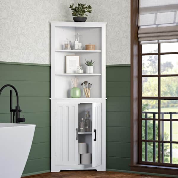 Monroe 24.69 in. W x 12.5 in. D x 63.81 in. H White Tall Corner Linen Cabinet Bathroom Cabinet Storage Organizer