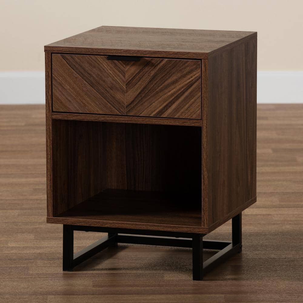 Walnut Brown Wood and Black Metal 1-Drawer Night Table