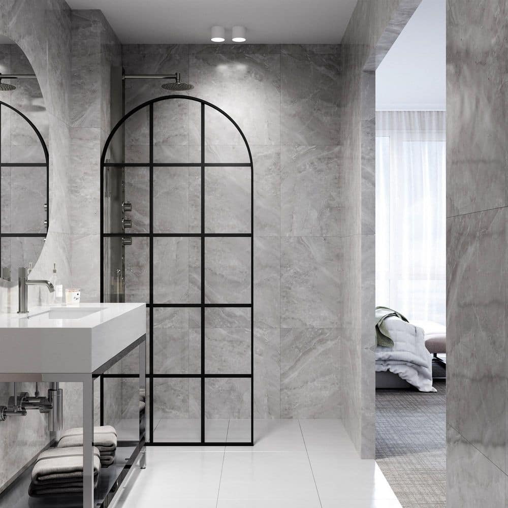 Arden 34" W x 78" H Matte Black Framed Shower Screen with Clear Grid Glass
