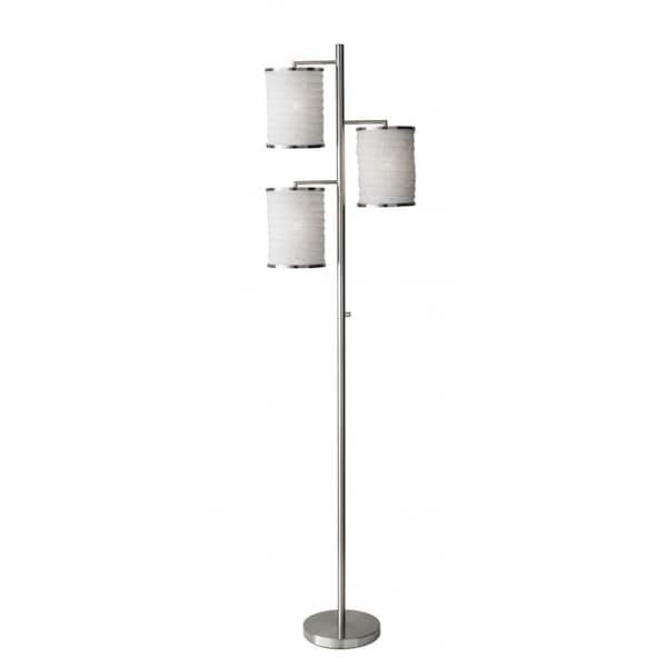 HomeRoots 74 in. Silver 3 Light 1-Way (On/Off) Tree Floor Lamp for Liviing Room with Cotton Cylin.der Shade
