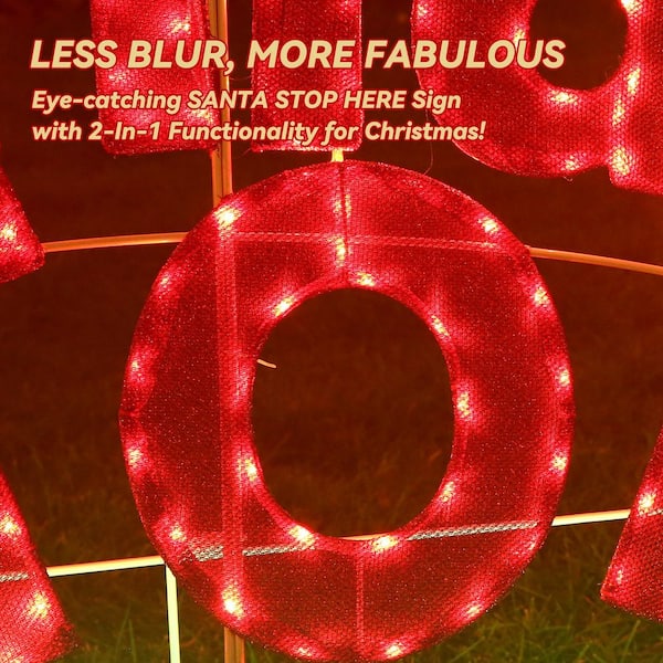 47 in. W Outdoor Christmas Decoration Santa Stop Here Sign with Red and Green LED Lights
