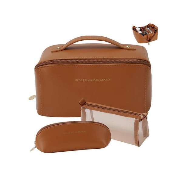 Brown Medium 3 Pcs Travel Makeup Toiletry Bag Set w Divider & Handle, Waterproof PU Leather Cosmetic Organizer for Women