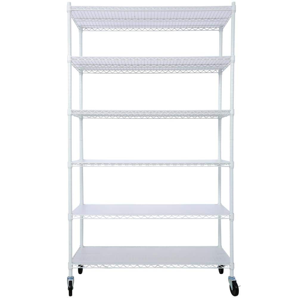 White Heavy Duty 6-Tier Metal Storage Rack with Wheels