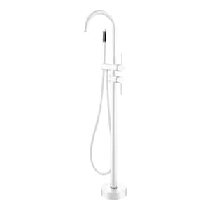 Double Handle Freestanding Tub Faucet with Hand Shower in White