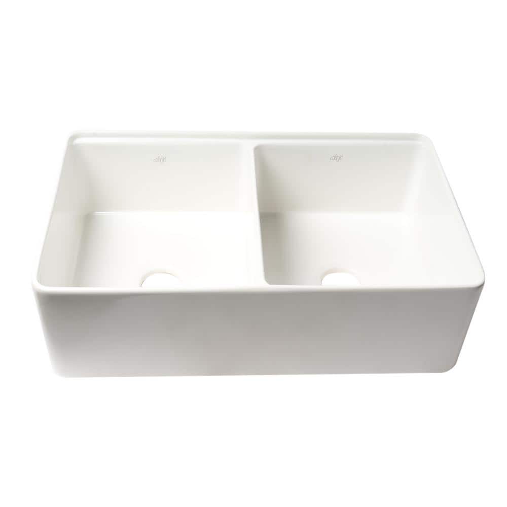 White 33" Double Bowl Fireclay Farmhouse Workstation Sink
