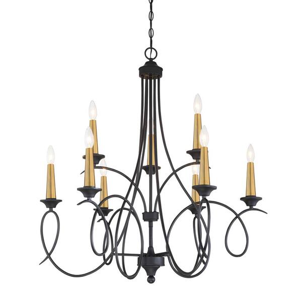 Minka Lavery La Courbe 9-Light Black with Antique Brass Chandelier