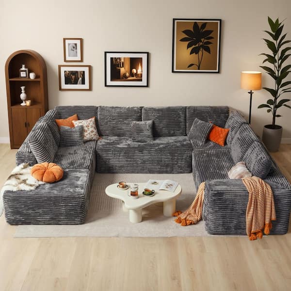 VH 135 in. Wide Arm 5-Piece Modern Plush Corduroy U-Shape Modular Sectional Sofa Chaise in. Gray with Ottoman