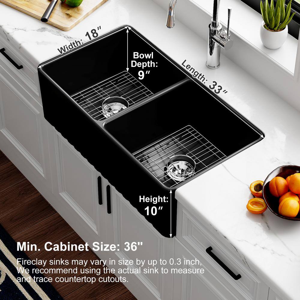 Matte Black Double Basin Fireclay Farmhouse Sink with Drainboard