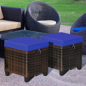 2-Piece Wicker Outdoor Patio Ottoman with Navy Cushions