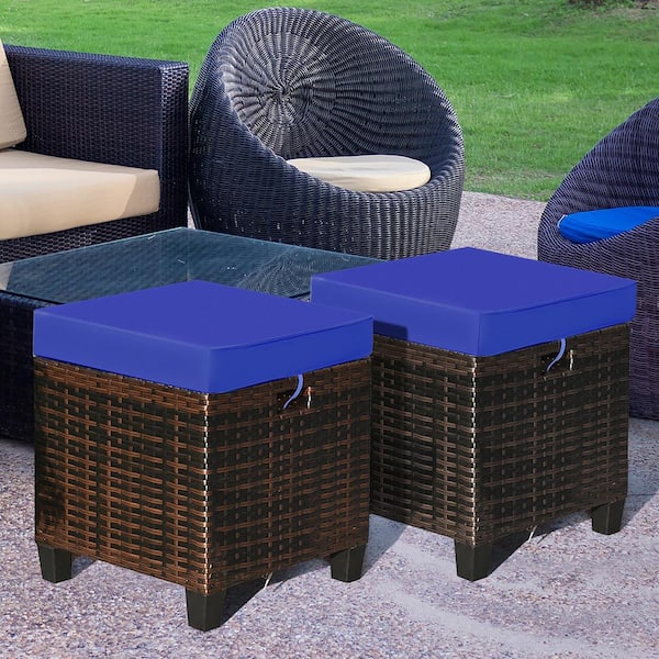 2-Piece Wicker Outdoor Patio Ottoman with Navy Cushions