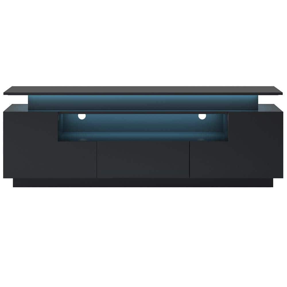 67 in. Black Modern Wood High Gloss TV Stand with 16-color LED Lights, 2 Sh