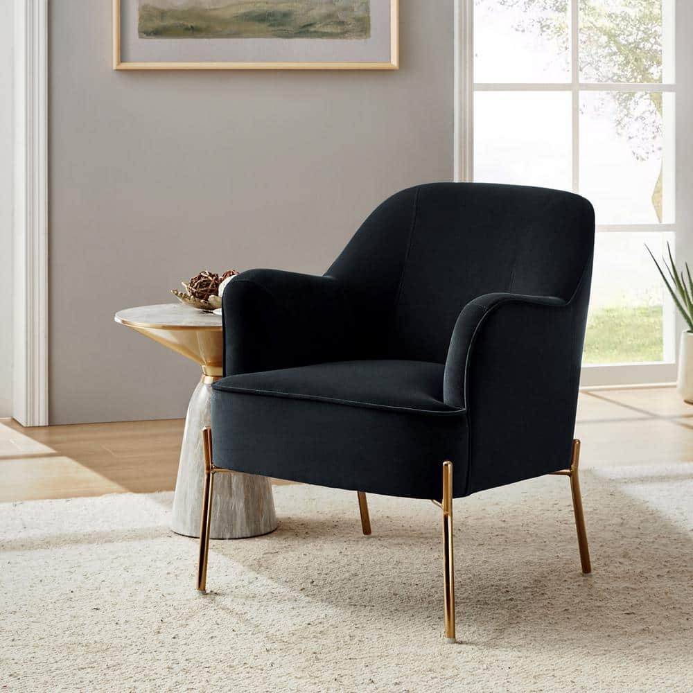Elegant Black Velvet Curved Backrest Accent Chair with Golden Metal Legs