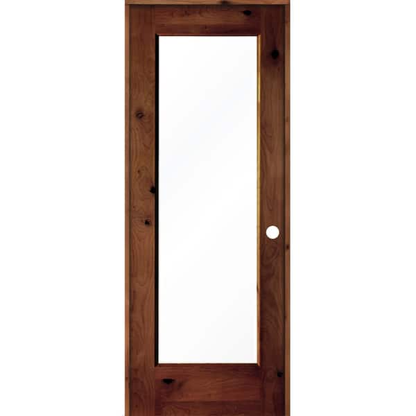 Krosswood Doors 28 in. x 80 in. Rustic Knotty Alder Left-Hand Full-Lite Clear Glass Red Chestnut Stain Wood Single Prehung Interior Door