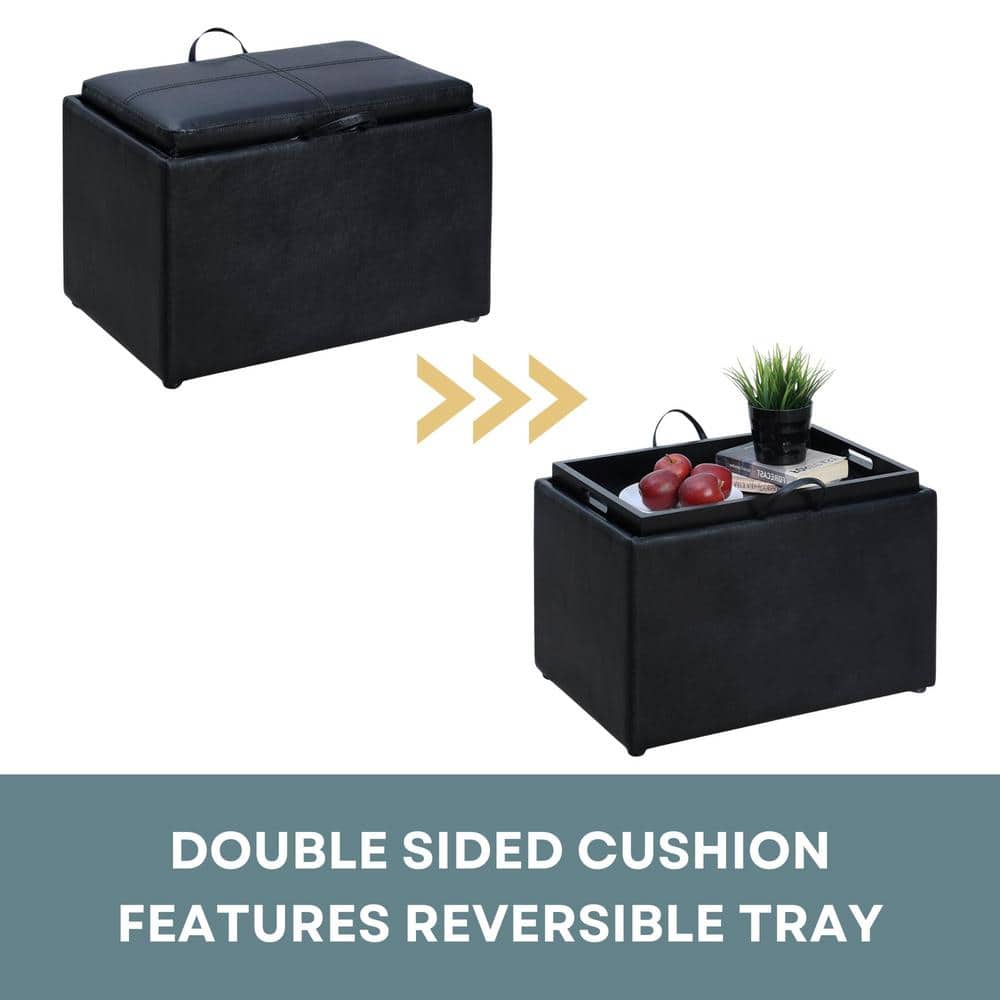 Versatile Black Faux Leather Storage Ottoman with Serving Tray