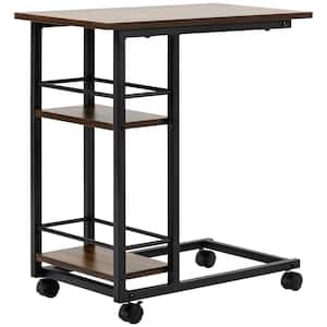 23.5 in. Rustic Brown C Shaped Wood End Table with Storage Shelves and Wheels