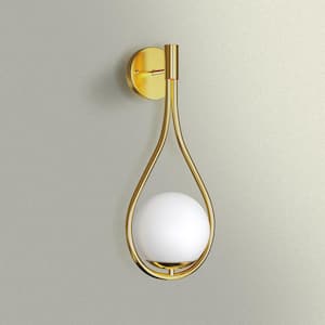 7.87 in. 1-Light Mid-Century Water Drop Design Gold Wall Sconce with Global Frosted Glass Shade for Bedroom Bedsides