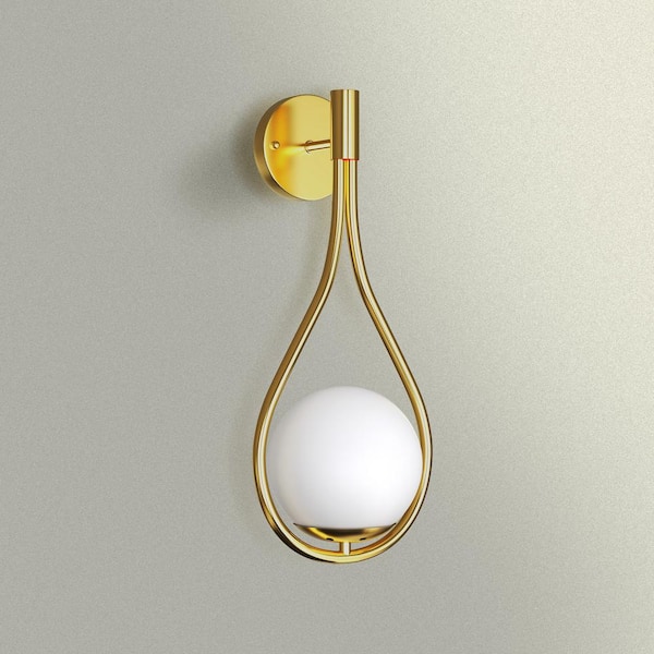 YANSUN 7.87 in. 1-Light Mid-Century Water Drop Design Gold Wall Sconce with Global Frosted Glass Shade for Bedroom Bedsides