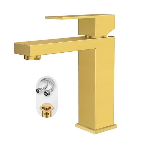 Single Hole Brushed Gold Square Single Handle Bathroom Vanity Faucet with Metal pop up Drain with Deck Plate