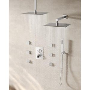 Luxury 11-Spray Wall and Ceiling Mount Triple Fixed and Handheld Dual Shower Head  with 6-Jets in Brushed Nickel