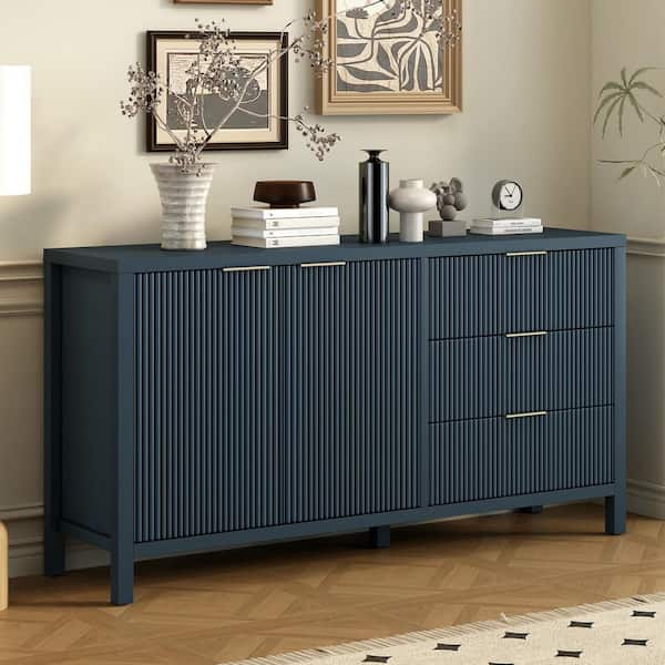 Harper & Bright Designs Navy Wood 60 in. Vertical Stripe Storage Sideboard with Aluminum Handles and 3-Drawers