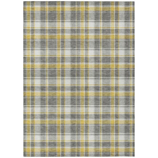 Gray Yellow and White 3 ft. x 5 ft. Woven Plaid Rectangle Indoor/Outdoor Area Rug