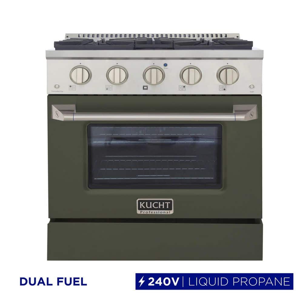 Kucht 30 in. 4.2 cu. ft. 4-Burners Dual Fuel Range Propane Gas in Stainless Steel, Olive Green Oven Door with Convection Oven