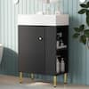 Black wood accent storage cabinet with white sink top in a styled bathroom.