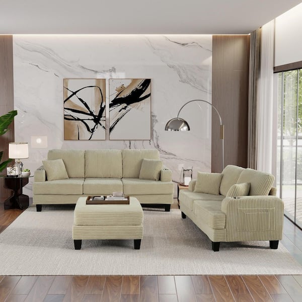 Modern Collection 84 in. Square Arm Fabric Lawson Sectional Sofa with Cup Holders, USB Ports Storage Ottoman in Beige