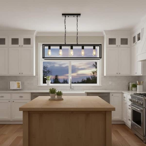 5-Light Matte Black Farmhouse Kitchen Island Lighting, Modern Rectangular Chandeliers for Dining room Foyer