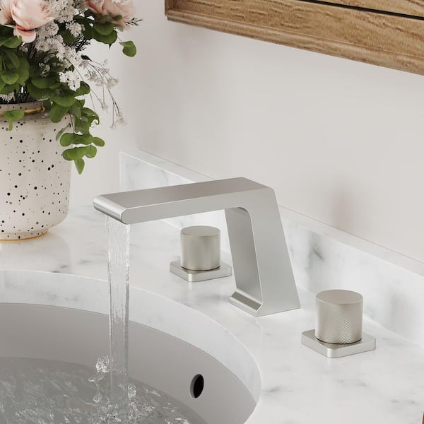 8in. Widespread 3 Hole Waterfall Double-Handle Long Spout Reach Bathroom Faucet in Brushed Nickel Drain Not Included