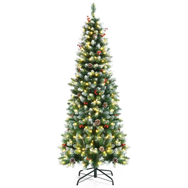 Gymax 6 Ft. Pre-Lit Hinged Christmas Tree Artificial Pencil Xmas Tree With Led Lights Gym08545