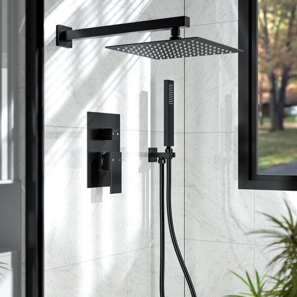Faucet Modern Raincan 2-Setting Shower Square System Including Rain Shower Head And Handheld Spray Black Rainfall Shower System Brushed Black Shower Valve Trim Kit Matte Black 342701 Bl