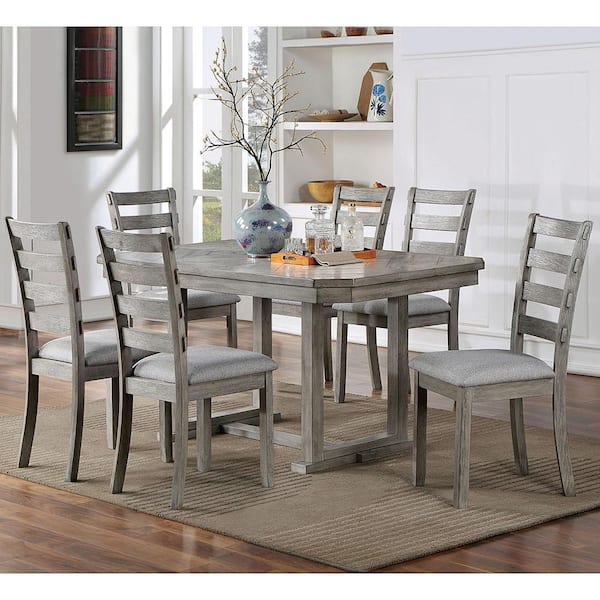 Furniture of America Truchas 7-Piece Gray with Care Kit Wood Top Dining Table Set