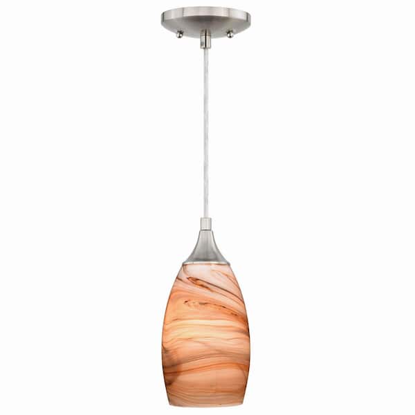 VAXCEL Milano 1-Light Satin Nickel Mini Pendant Ceiling Light Amber Swirl Glass