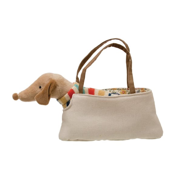 Storied Home Cotton Removable Brown Dachshund Toy in Dog Carrier