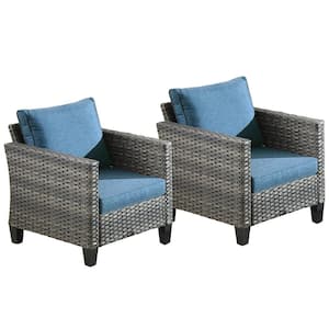 Megon Holly Gray Stationary 2-Piece Wicker Outdoor Patio Lounge Chair with Denim Blue Cushions