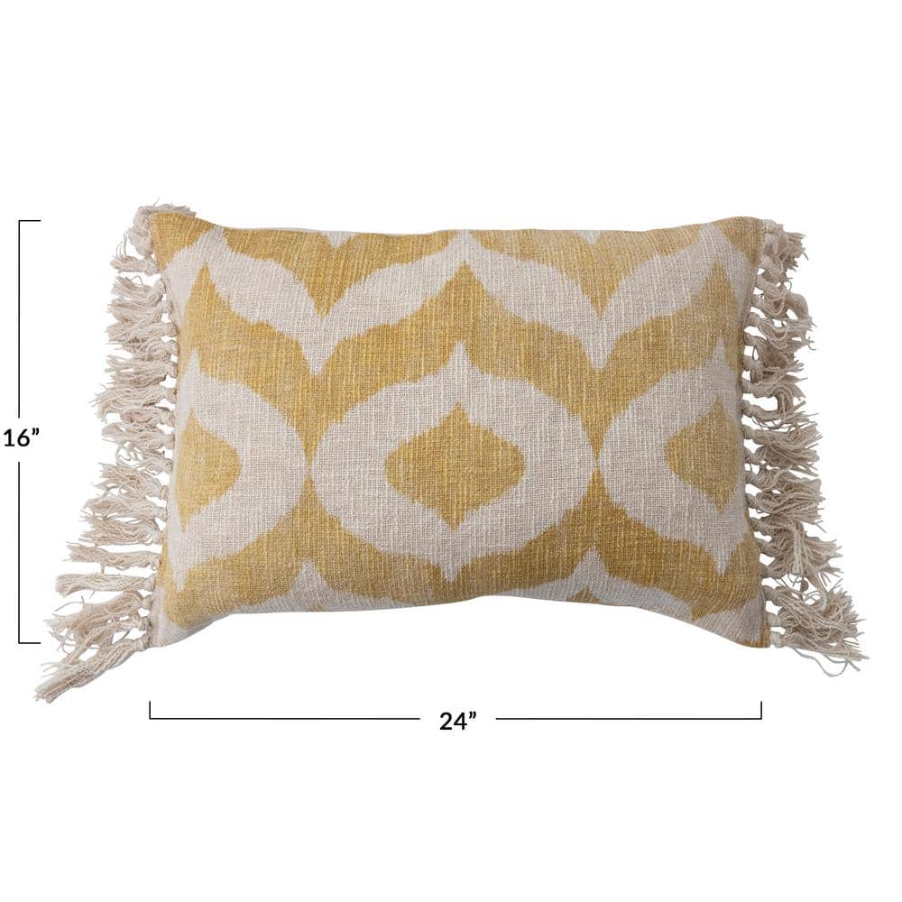 Mustard and Natural Bohemian Cotton Slub Lumbar Pillow with Ikat Tassels