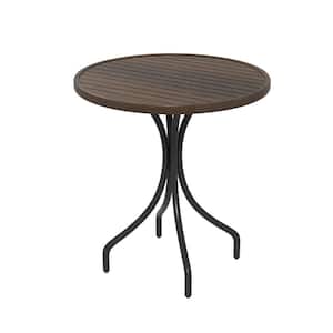 Brown Round Patio Metal Side Table with Slat Tabletop