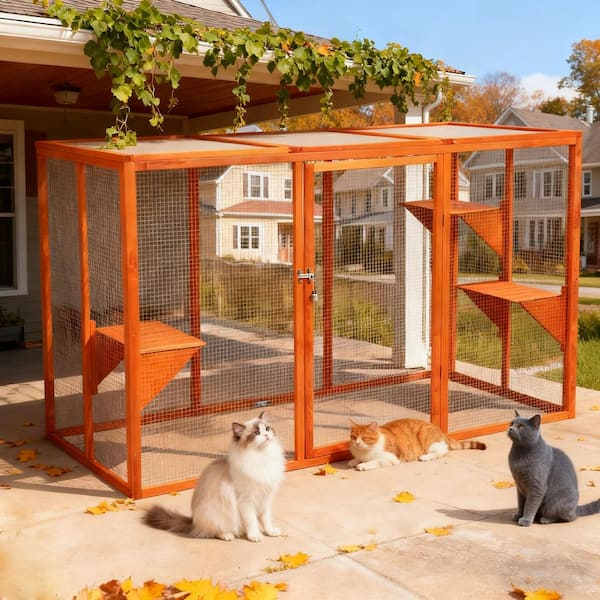 Outdoor Cat House, Wood Cat Catio with Sunshine Panel