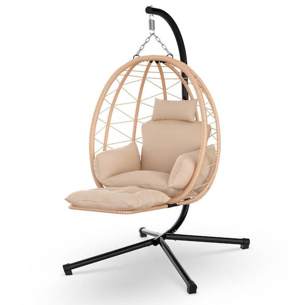 SEEUTEK Patio Hanging Basket Egg Chair Rattan Wicker Outdoor Lounge Swing Chair with UV Resistant Brown Cushion and Pillow