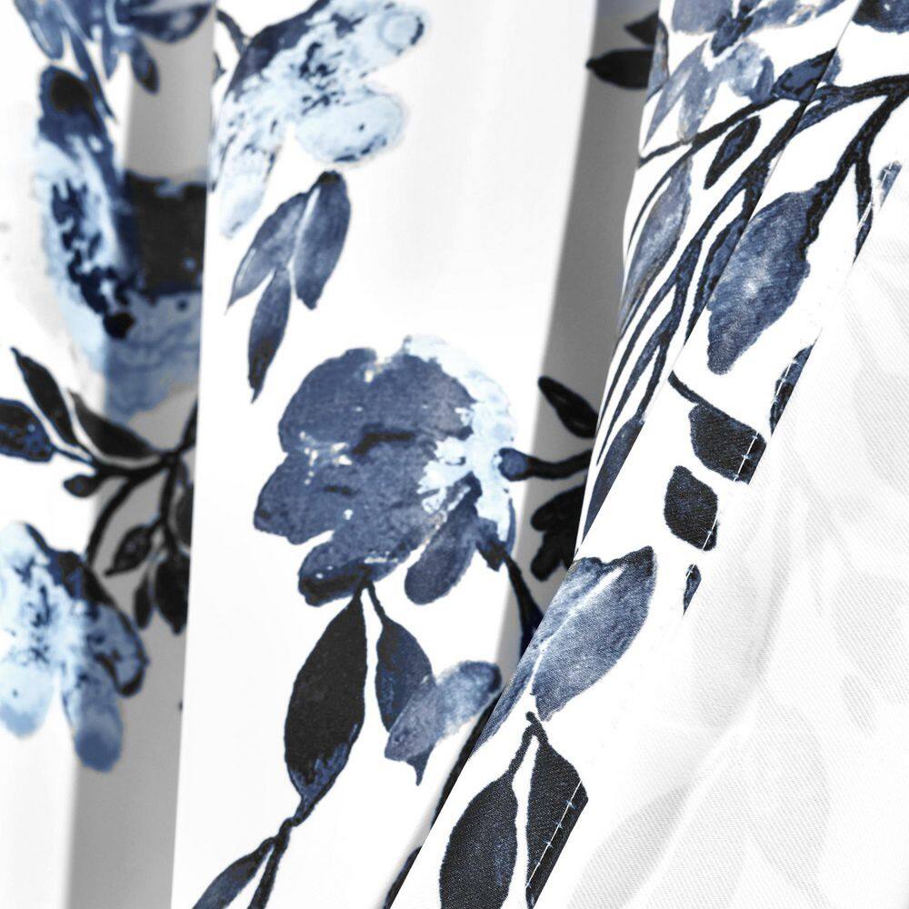 Navy and White Floral Print Blackout Curtain Panels