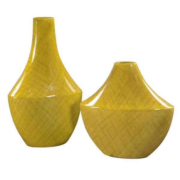 Unbranded Chartreuse Green Glaze Ceramic Decorative Vases (Set of 2)