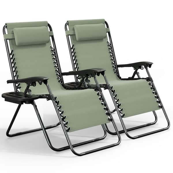 2-Piece Sage Green Zero Gravity Chairs, Metal Outdoor Lawn Chair with Pillow and Cup Holder Tray