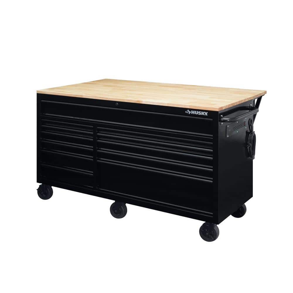 Husky 62 in. W x 36 in. D Standard Duty 12-Drawer Mobile Workbench Tool Chest with Full Length Extension Table in All Black, Gloss Black with Black Trim -  HOTC6212B11M