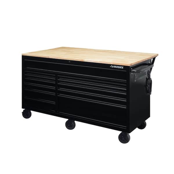 Husky 62 in. W x 36 in. D Standard Duty 12-Drawer Mobile Workbench Tool Chest with Full Length Extension Table in All Black