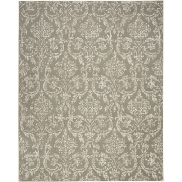 5 ft. x 7 ft. Olive Green and Ivory Damask Distressed Non Skid Area Rug
